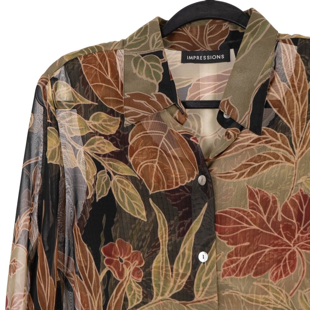 Impressions Sheer Blouse Tank Set L Women Floral Button Up Green Red Brown Fall - Picture 2 of 8